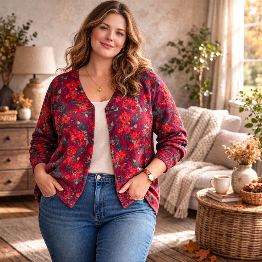 LL Bean Cardigan Sweater Womens 2X Red Floral Ribbed Supima Cotton Cottagecore